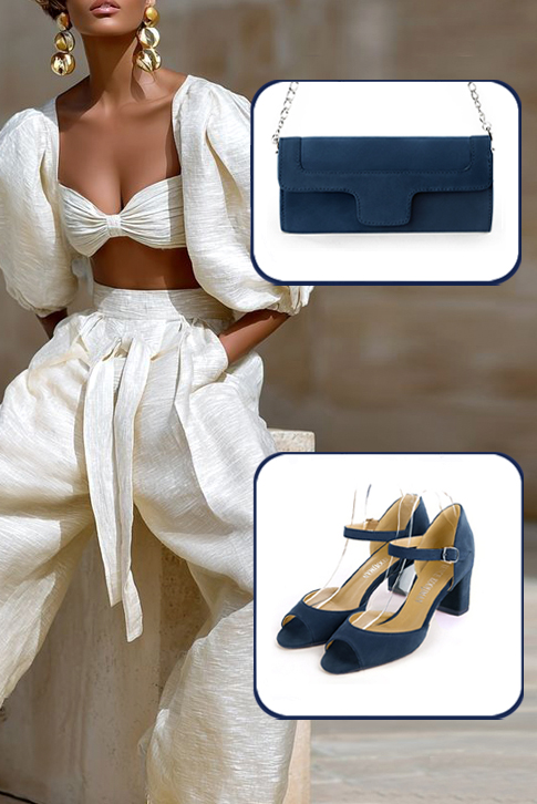 Women's navy blue elegant sandals with instep strap. Square toe. Medium block heels - Worn view